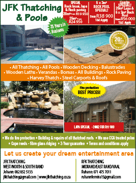 JFK THATCHING AND POOLS - THATCHING CONTRACTOR IN JOHANNESBURG November 2021 Johannesburg HOMEMAKERS Home Improvement Supplier Magazine  Fire protection of thatches  Building and repairs of all thatch roofs  We use CCA treated poles  Cape reeds  3 Year guarantee   https:  www homemakersonline co za listings jfk-thatching-rock-pools  https:  www homemakersonline co za listings skylights-roof-windows 