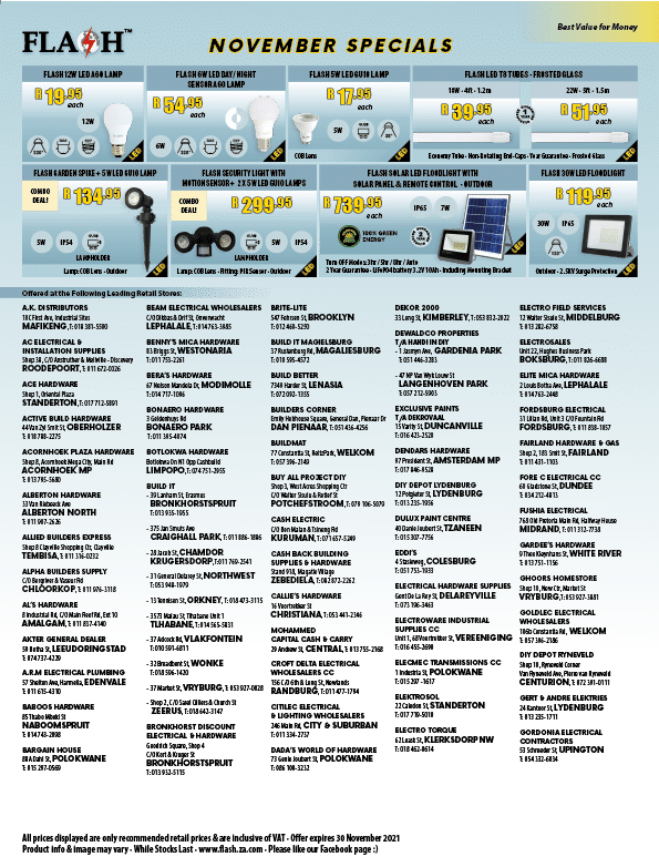 FLASH  -ELECTRIC PART AND LED LAMPS SPECIALISTS IN JOHANNESBURG November 2021 Johannesburg HOMEMAKERS Home Improvement Supplier Magazine  https:  www homemakersonline co za listings flash-components 