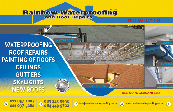 RAINBOW WATERPROOFING - WATERPROOFING AND ROOF REPAIRS SPECIALISTS IN JOHANNESBURG November 2021 johannesburg HOMEMAKERS Home Improvement Supplier Magazine  Waterproofing  Roof repairs  Painting of roofs  Ceilings  Skylights  New roofs  https:  www homemakersonline co za listings rainbow-waterproofing 