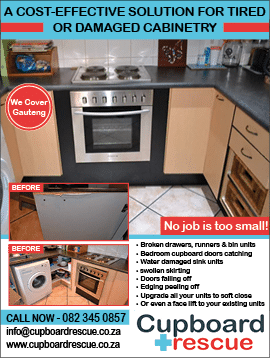 CUPBOARD RESCUE-AFFORDABLE KITCHEN CUPBOARD REPAIRS IN JOHANNESBURG November 2021 johannesburg HOMEMAKERS Home Improvement Supplier Magazine  A cost-effective solution for tired or damaged cabinetry  Repairs of broken drawers, runners and bin units  https:  www homemakersonline co za listings cupboard-rescue 