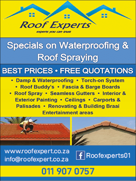 ROOF EXPERTS - ROOFING CONTRACTORS IN JOHANNESBURG November 2021 Johannesburg HOMEMAKERS Home Improvement Supplier Magazine  Dampproofing and waterproofing  Torch-on systems  Roof buddy s  Fascia and barge boards  Roof spray  Seamless gutters  Interior and exterior painting  Ceilings  Carports and Palisades  Renovating and building  https:  www homemakersonline co za listings roof-experts 