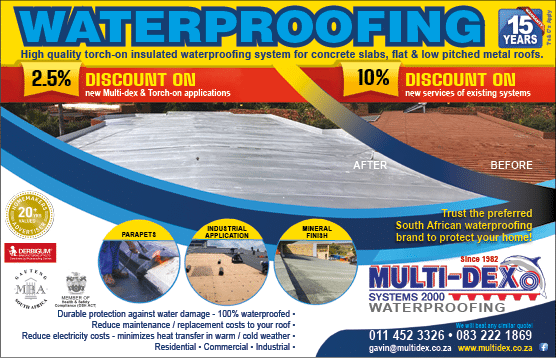 MULTI-DEX WATERPROOFING - WATERPROOFING SPECIALISTS IN JOHANNESBURG November 2021 Johannesburg HOMEMAKERS Home Improvement Supplier Magazine  High quality torch-on insulated waterproofing system for concrete slabs, flat and low pitched metal roofs  https:  www homemakersonline co za listings multi-dex-waterproofing 