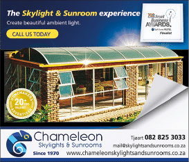 Chameleon Skylights and Sun rooms November 2021 Johannesburg HOMEMAKERS Home Improvement Supplier Magazine  The skylight and sunroom specialists https:  www homemakersonline co za listings chameleon-skylights-and-sunrooms 