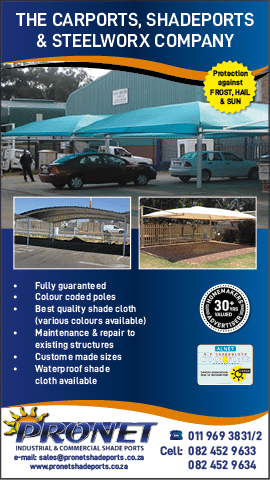 PRONET SHADEPORTS - SHADEPORT SPECIALISTS November 2021 Johannesburg HOMEMAKERS Home Improvement Supplier Magazine  Industrial and commercial shadeport specialists  Fully guaranteed work and colour coded posles  Best quality shade cloth  Repairs to existing structures https:  www homemakersonline co za listings chameleon-skylights-and-sunrooms 