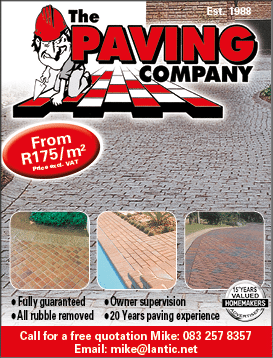 THE PAVING COMPANY - PAVING CONTRACTOR IN JOHANNESBURG November 2021 Johannesburg HOMEMAKERS Home Improvement Supplier Magazine  Fully guaranteed workmanship  All rubble removed  https:  www homemakersonline co za listings the-paving-company 