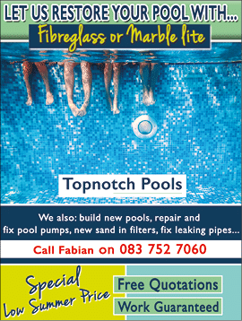 TOPNOTCH POOLS - POOL SPECIALISTS  IN JOHANNESBURG November 2021 Johannesburg HOMEMAKERS Home Improvement Supplier Magazine  Let us restore your pool with fibreglass or marble lite  We also build new pools, repair and fix pool pumps, new sand in filters and fix leaking pipes  https:  www homemakersonline co za listings topnotch-pools 