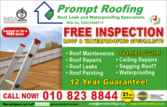 PROMPT ROOFING - ROOF LEAK AND WATERPROOFING SPECIALISTS IN JOHANNESBURG November 2021 Johannesburg HOMEMAKERS Home Improvement Supplier Magazine  Roof and waterproofing specialists  Roof repairs  Roof leaks  Roof painting  Celing  https:  www homemakersonline co za listings prompt-roofing 