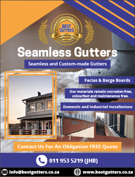 Best Gutters - Seamless and custom made gutters November 2021 Johannesburg HOMEMAKERS Home Improvement Supplier Magazine  Fascias, barge boards  Our materials remain corrosion free, colourfast and maintenance free  Domestic and industrial installations  Contact us for a free quote  https:  www homemakersonline co za listings best-gutters 