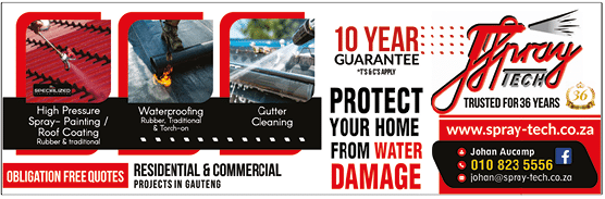 Spray tech roof spray company in Johannesburg  SPECIALISTS IN JOHANNESBURG November 2021 Johannesburg HOMEMAKERS Home Improvement Supplier Magazine  High pressure spray painting and roof coatings  Waterproofing  Rubber and tradional roof waterproofing  Also torch on waterproofing  Gutter cleaning  https:  www homemakersonline co za listings spraytech 