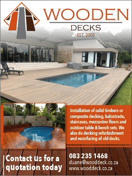WOODEN DECKS - DECKING SPECIALISTS IN JOHANNESBURG November 2021 Johannesburg HOMEMAKERS Home Improvement Supplier Magazine  Installation of solid timbers or composite decking, balustrading, staircases, mezzanine floors and outdoor table and bench sets  We also do decking refurbishment and resurfacing of old decks  https:  www homemakersonline co za listings wooden-decks-2 