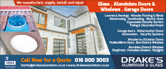 DRAKE S ALUMINIUM AND GLASS - ALUMINIUM DOORS AND WINDOWS CONTRACTOR IN JOHANNESBURG November 2021 Johannesburg HOMEMAKERS Home Improvement Supplier Magazine  Louvre awnings  Wooden flooring and blinds  Balustrading  Sandblasting  Wood and glass  Expandable security barriers  Tinting and decorative vinyls  Garage doors  Rollershutter doors  https:  www homemakersonline co za listings drakes-aluminium-glass 