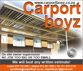 CARPORT BOYZ - CARPORT CONTRACTOR IN JOHANNESBURG November 2021 Johannesburg HOMEMAKERS Home Improvement Supplier Magazine  Custom carport sizes available  https:  www homemakersonline co za listings carport-boyz 