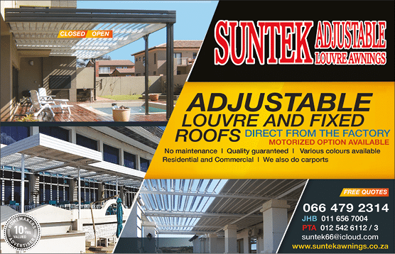 SUNTEK-ADJUSTABLE LOUVRE AWNINGS SPECIALISTS  IN JOHANNESBURG November 2021 johannesburg HOMEMAKERS Home Improvement Supplier Magazine  Direct from factory  Motorized awnings available  No maintenance  Quality guaranteed  Various colour awnings to choose from  https:  www homemakersonline co za listings suntek-adjustable-louvre-awnings 