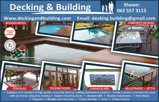 DECKING AND BUILDING - WOODEN PRODUCTS MANUFACTURERS IN JOHANNESBURG October 2021 Johannesburg HOMEMAKERS Home Improvement Supplier Magazine  Wooden decks and composite decking  Pergolas  Folding doors  Canvas blinds  Balustrades  https:  www homemakersonline co za listings decking-and-building 