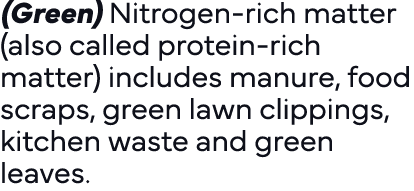 (Green) Nitrogen-rich matter (also called protein-rich matter) includes manure, food scraps, green lawn clippings, ki   